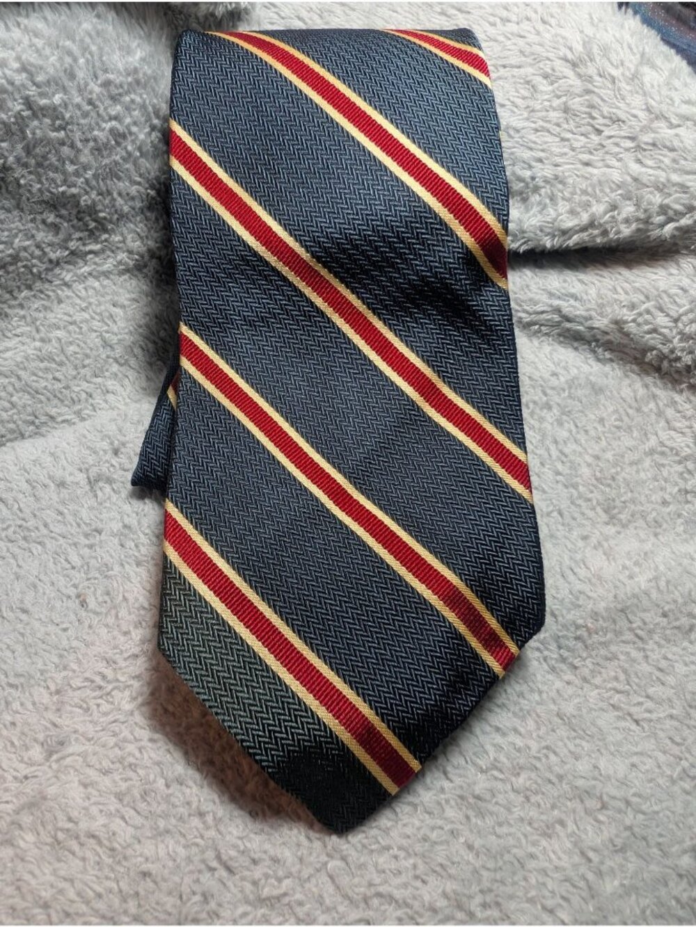 Polo By Ralph Lauren Striped Silk Tie Handmade Navy Red Gold Classic Herringbone